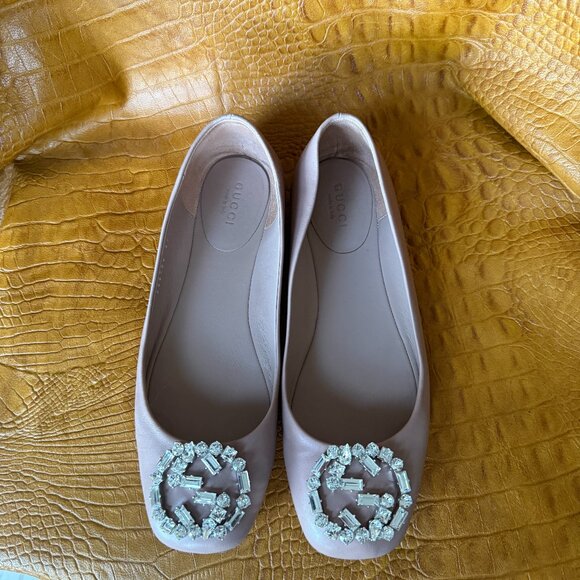 Gucci Ballet Flats Pink Square Toe GG Crystal Logo Size 36 1/2 - Picture 3 of 6